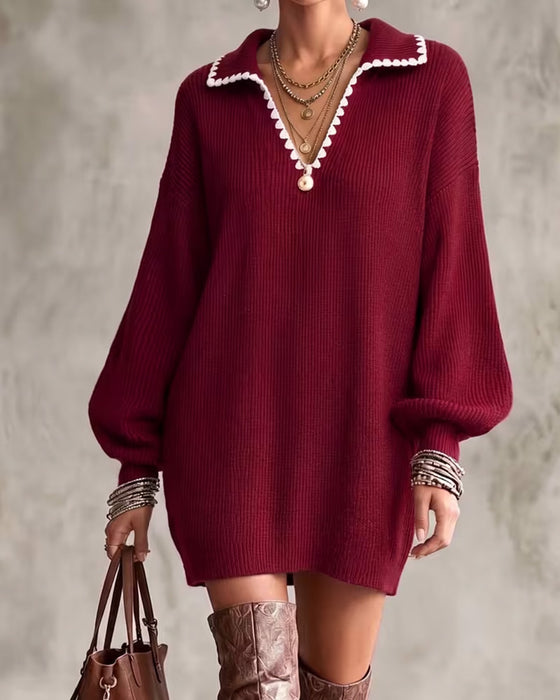 Trui Jurk Revers Contrast Lantaarnmouw