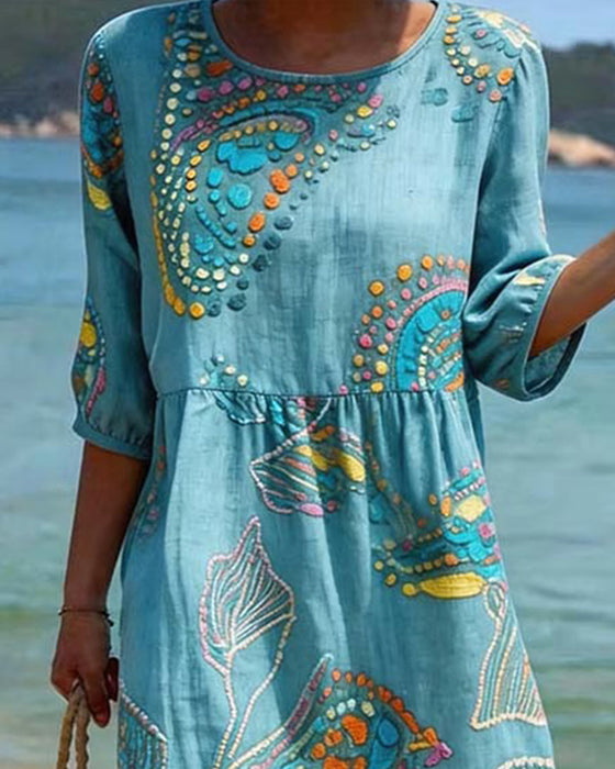 Jurk Print Ronde Hals Gerimpeld Casual