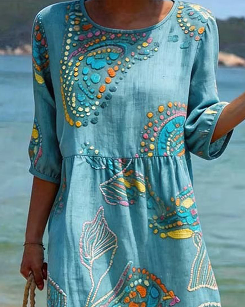 Jurk Print Ronde Hals Gerimpeld Casual
