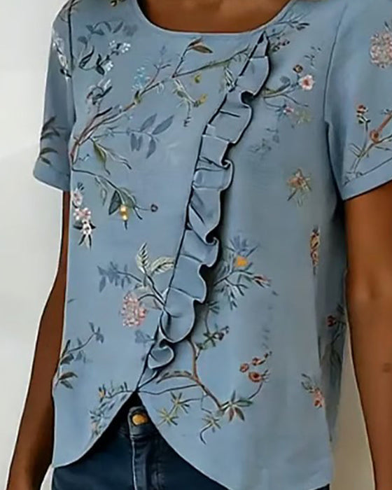 Blouse Ronde Hals Korte Mouw Ruche Bloemen