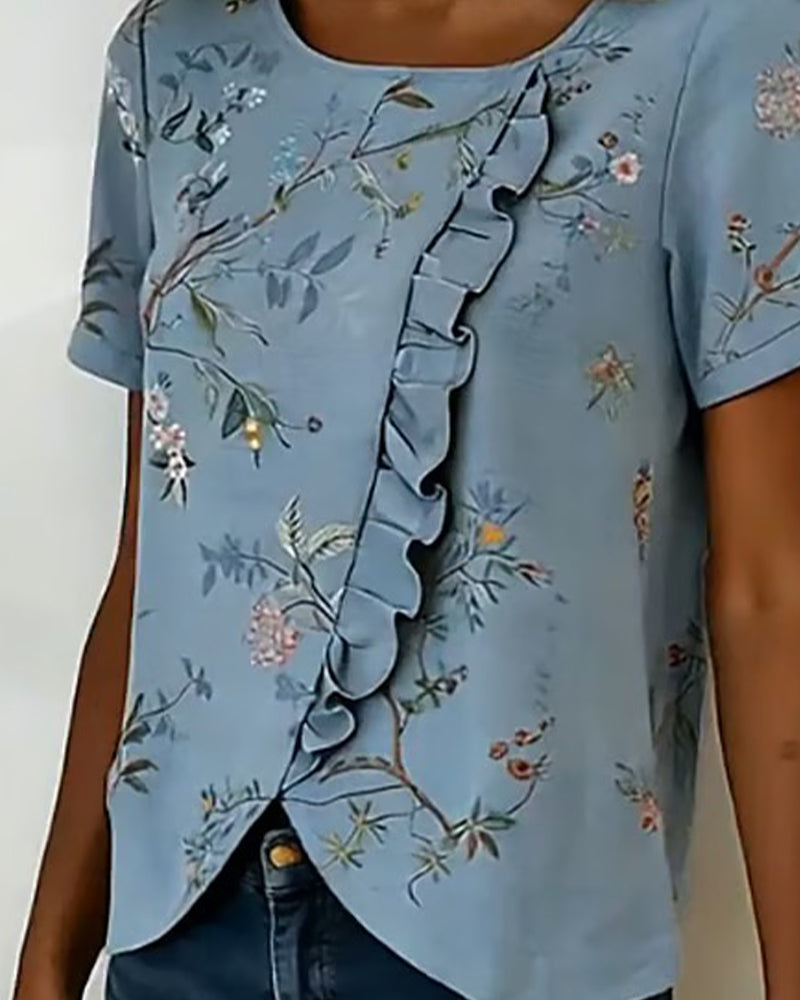 Blouse Ronde Hals Korte Mouw Ruche Bloemen