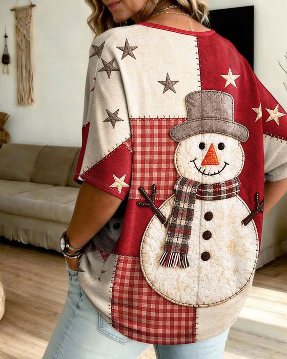 T-Shirt Kerst Sneeuwpop Print V-Hals Halve Mouw