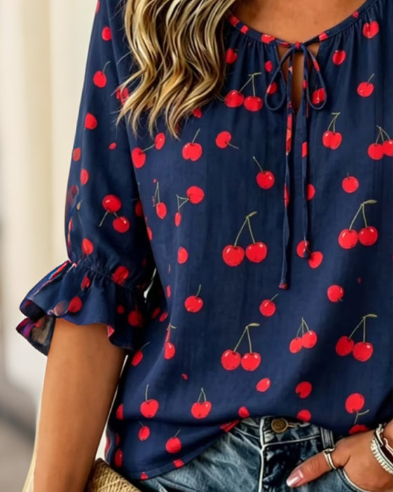 Blouse Kersen Print Strik 3/4 Mouw