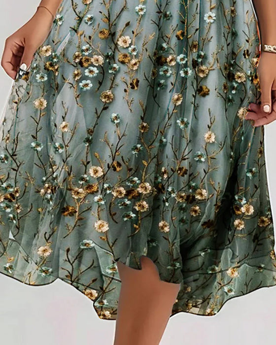 Jurk V-Hals Bloemen Kruis Hoge Taille Sheer