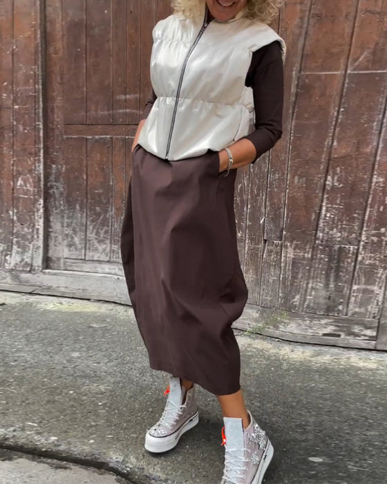 Eenvoudige effen kleur zak lange mouw elegante jurk