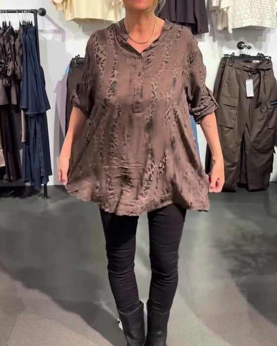 Blouse V-Hals Knoop Voor Luipaard Print Relaxed