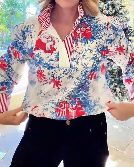 Modieuze Langmouwige Blouse Met Kerstprint