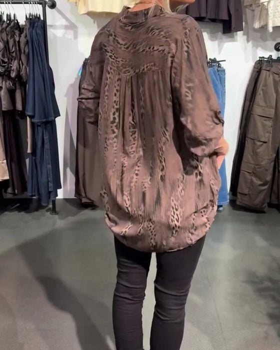 Blouse V-Hals Knoop Voor Luipaard Print Relaxed