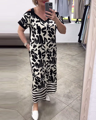 Off-the-shoulder jurk met korte mouwen en print