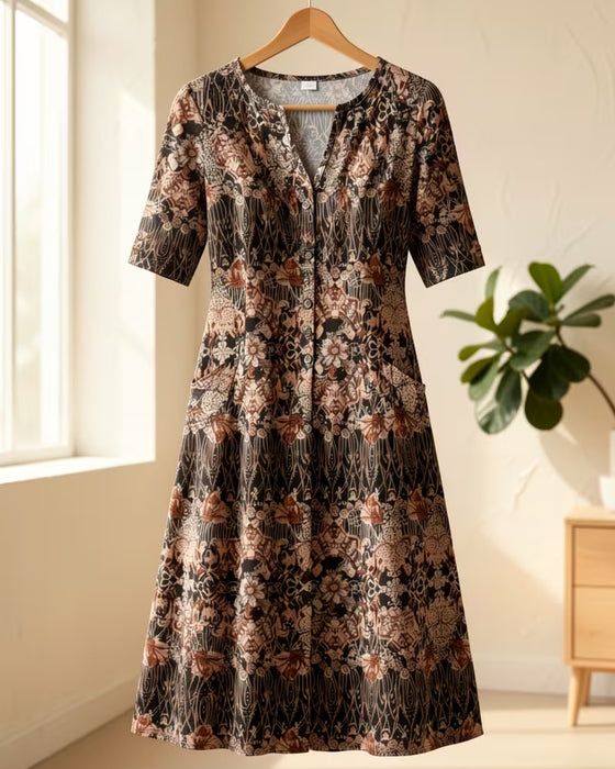 Jurk V‑hals Print Patchwork Halflangemouw