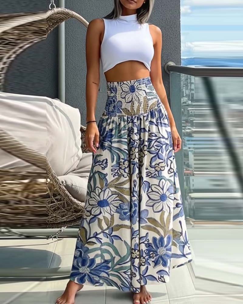 Broek Hoge Taille Bloemenprint Elastische Taille Wijd Pijp