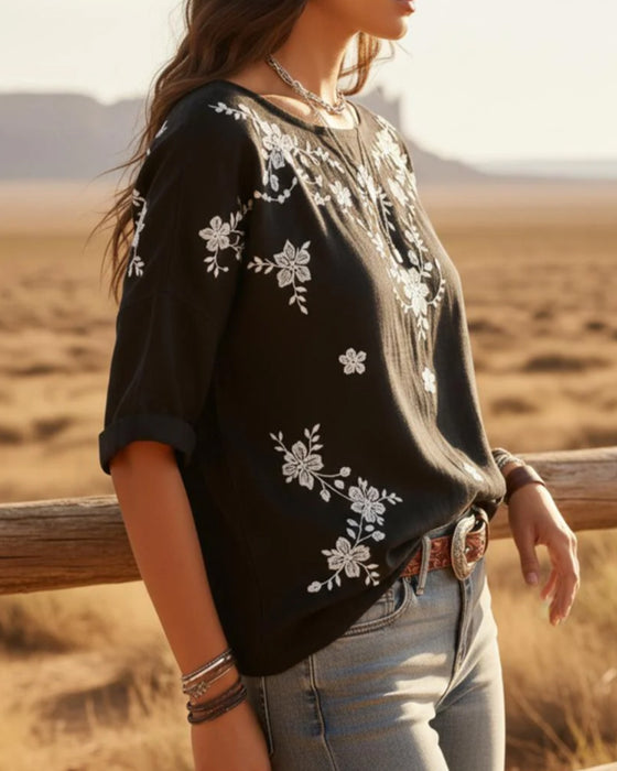 Blouse Ronde Hals Drop Schouder Los Bloemig
