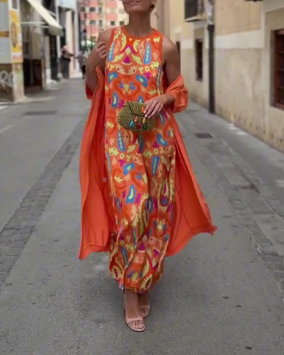 Set Mouwloze Lange Jurk Met Lange Vest