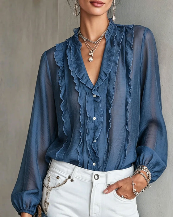Blouse V-Hals Knoop Ruffle