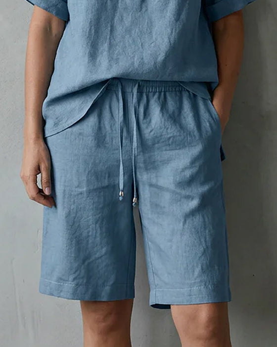 Twee-Delig Set Henley Hals Korte Mouw En Koord Vijf-Punts Wijde Been Broek