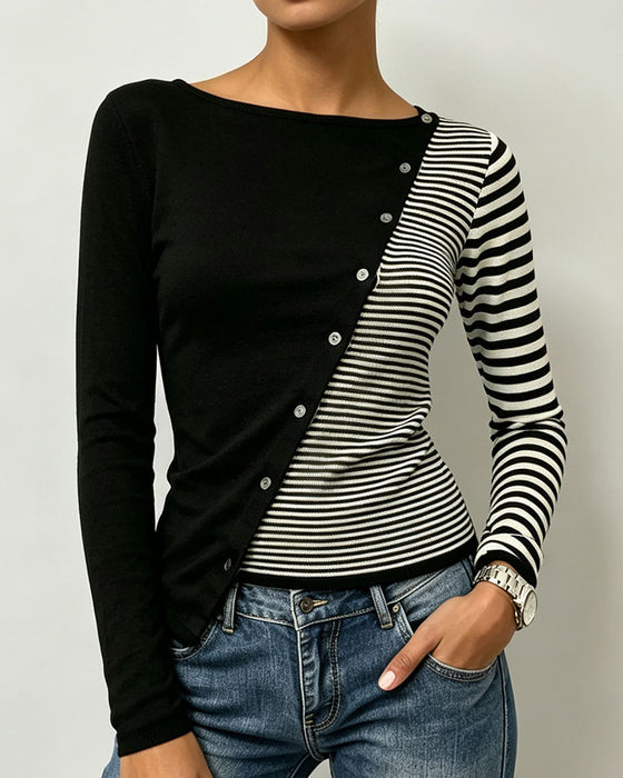T-Shirt Contrast Gestreept Knoop Patchwork