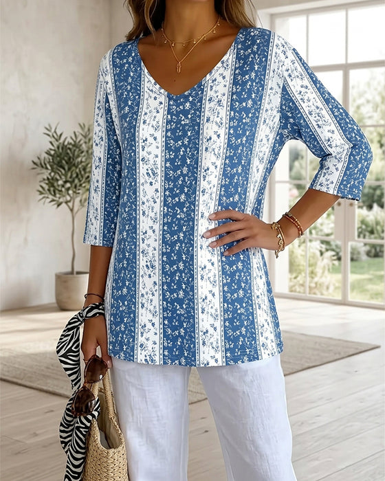 T-Shirts V-Hals Driekwart Mouw Print Casual