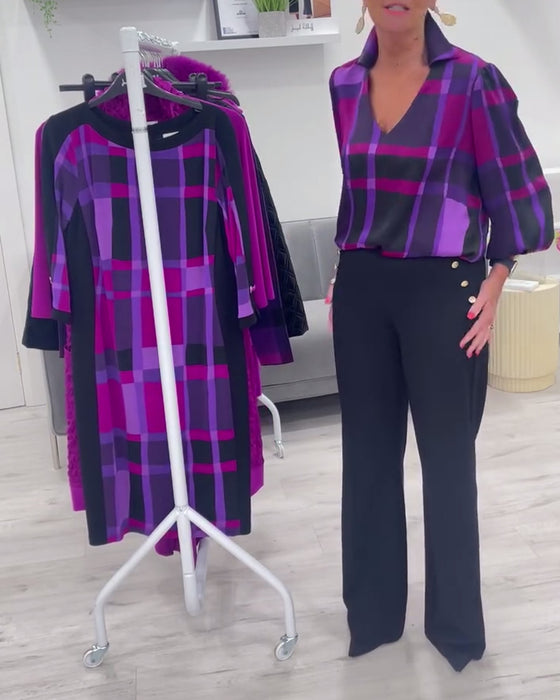 Grote geruite blouse met revers en V-hals