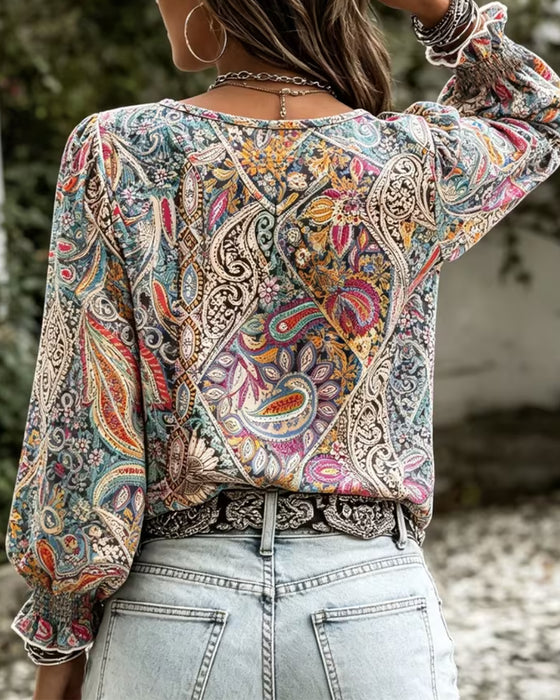Blouse V-Hals Bohemien Ballon Mouw