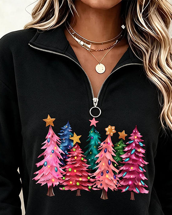 Sweatshirt Half-Zip Kerstboom Print