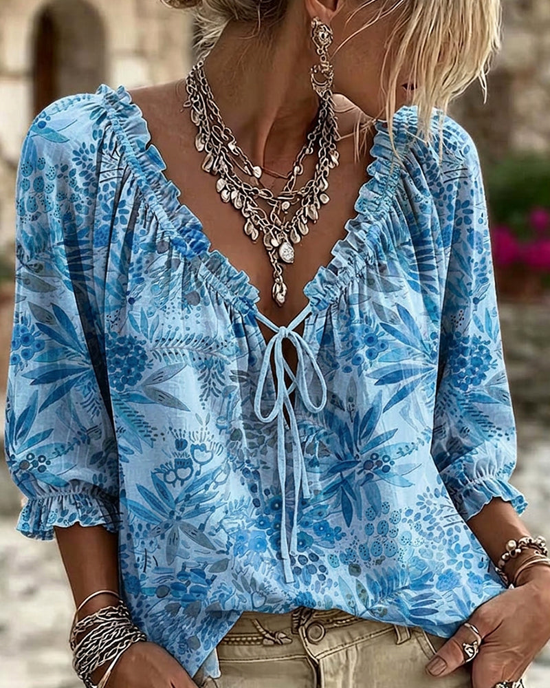 Blouse V-Hals Met Vetersluiting