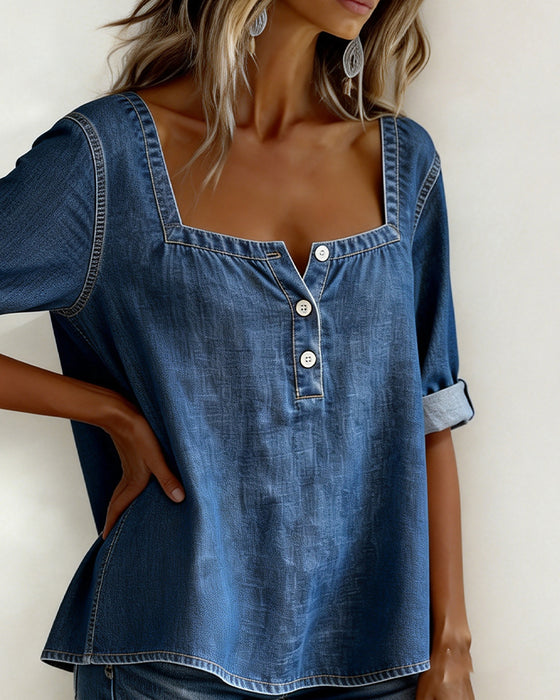 Overhemd Vierkante Hals Denim Halve Mouw