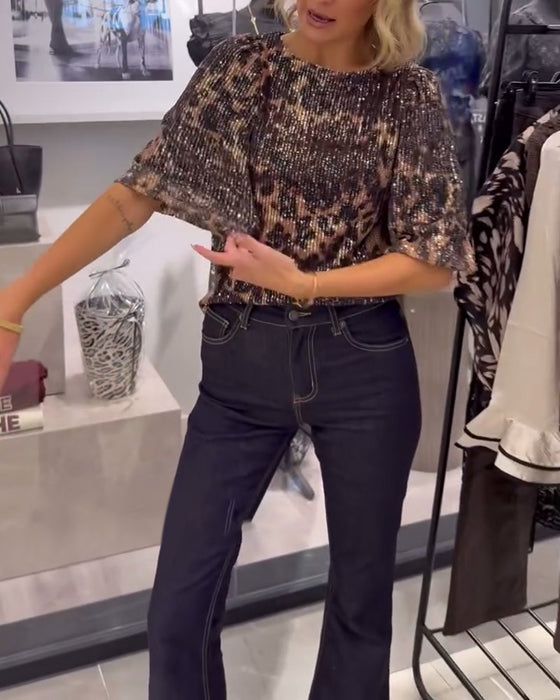 Blouse Met Lantaarnmouwen Pailletten Luipaardprint