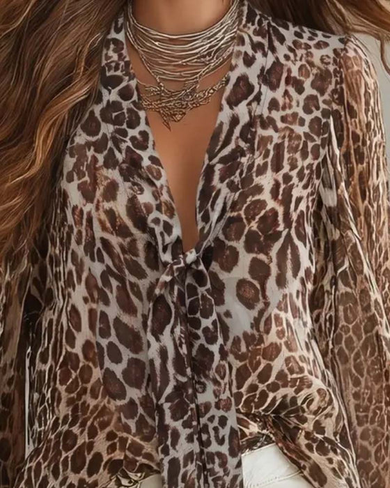 Blouse V‑hals Luipaardprint Doorzichtig Lange‑mouw