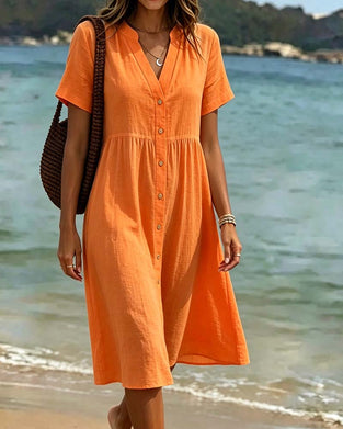 Jurk V-hals Knoopsluiting Resort Stijl