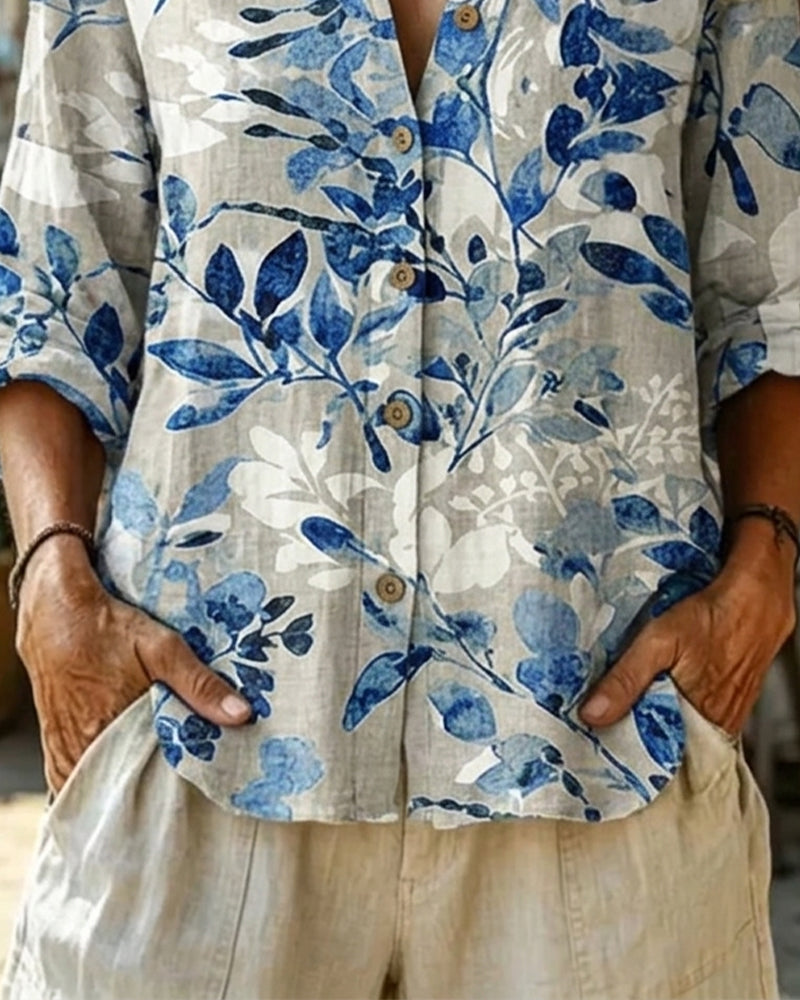 Blouse Opstaande Kraag Inkt Schilderij Bloemen