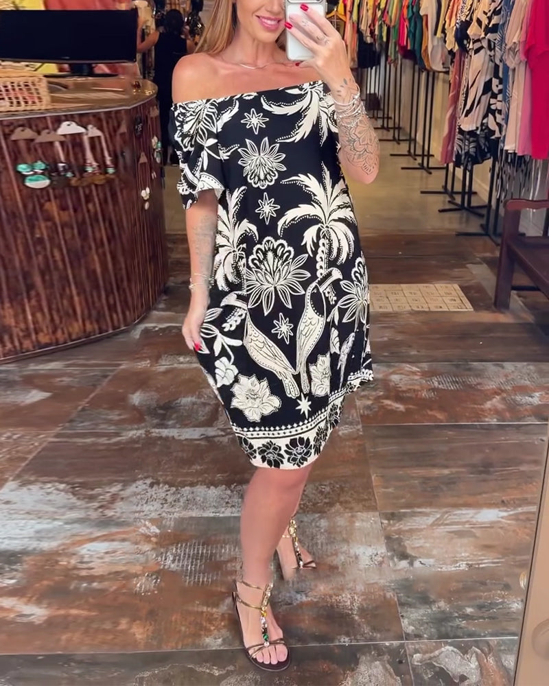 Jurk Brede Kraag Rechte Halslijn Bedrukt