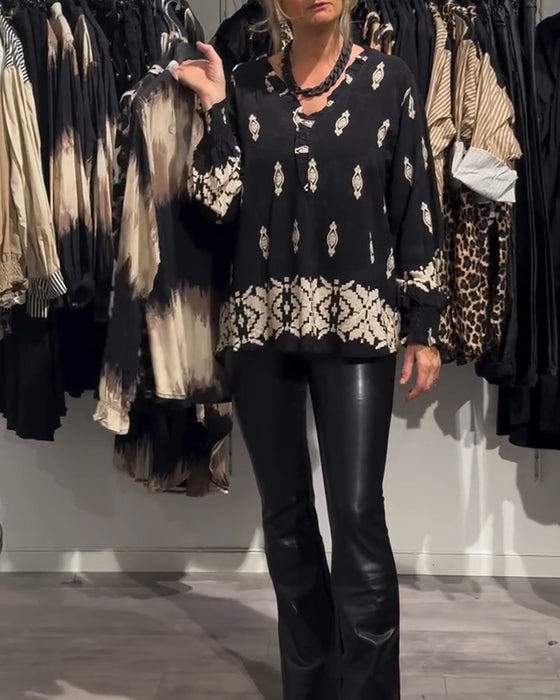 Shirt v-hals lantaarnmouw bedrukt