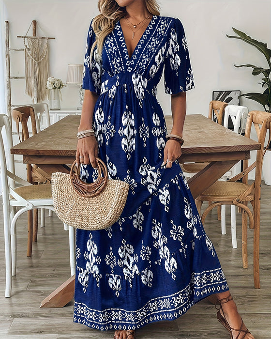 Jurk V-Hals Print Volle Rok Hoge Taille