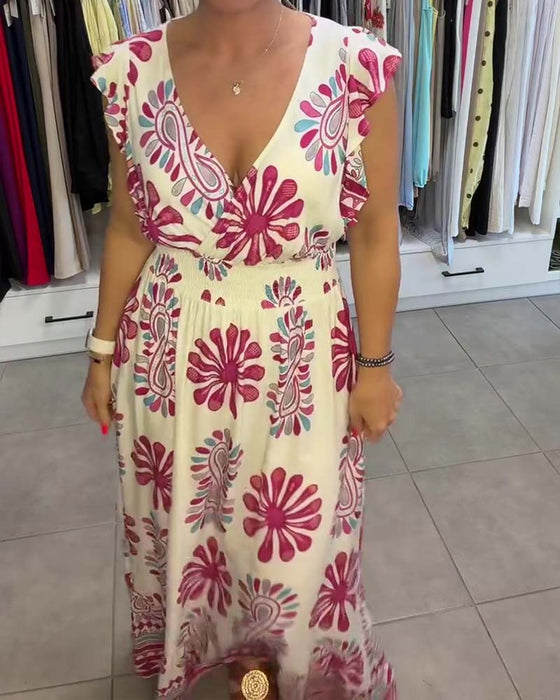 Jurk Bloemen Taille-Riem Fladder-Mouw Vakantie Maxi