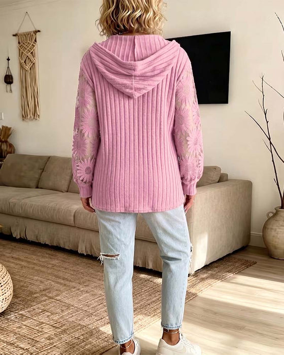 Blouse Capuchon V-Hals Kant Patchwork Geribbeld