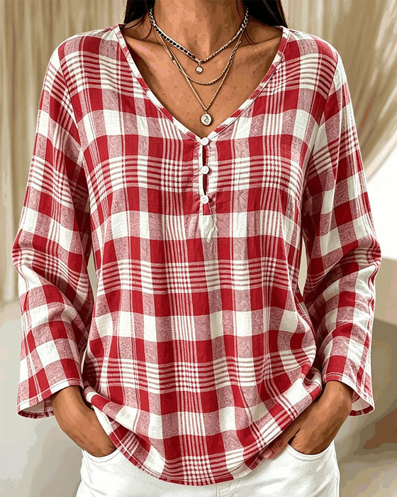 Blouse Stijlvol V-Hals Geruit Ellebooglange Mouw