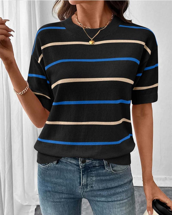 Pullover Streep Contrastkleur Korte Mouw Gebreid