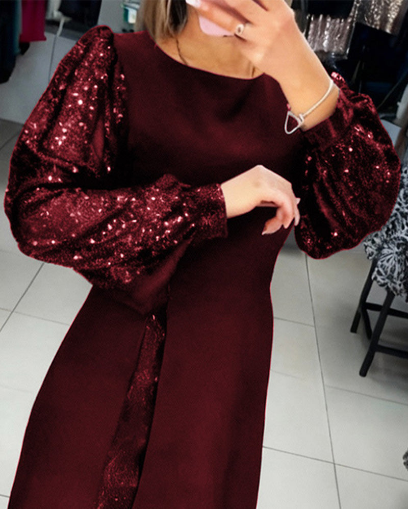 Elegante Jurk Met Pofmouwen En Patchworkdetails