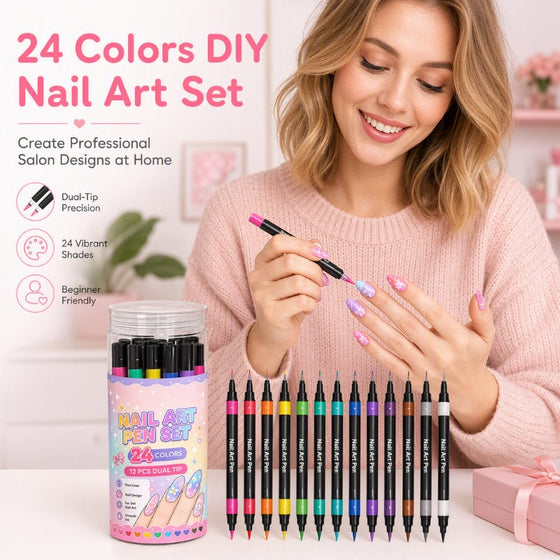 24 Kleuren Dubbelzijdige Nagelkunstpennen Set