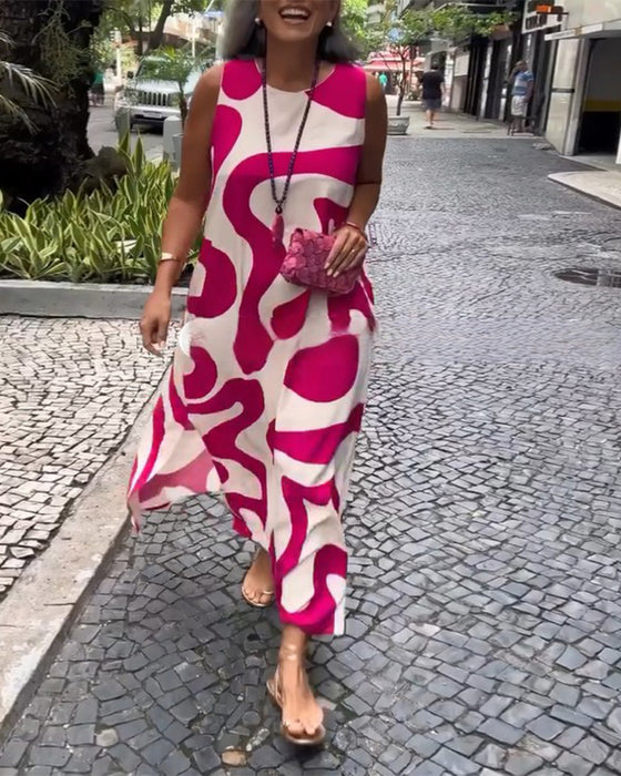 Ronde Hals Mouwloze Jurk Met Geometrische Print