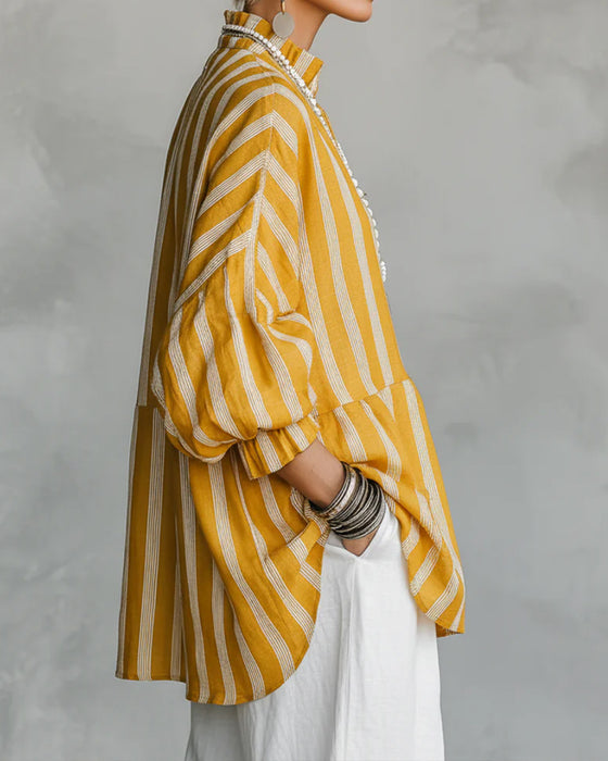 Blouse Staande Kraag Lantarenmouw Gestreept
