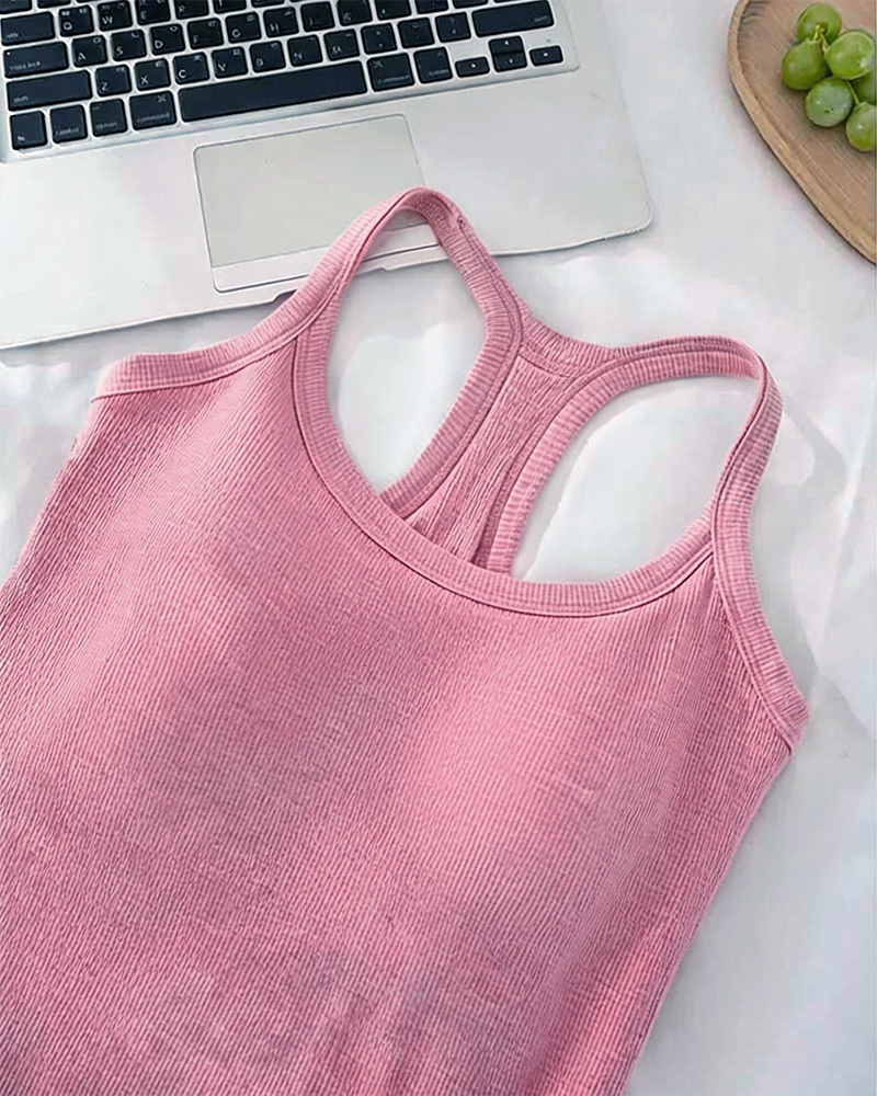 Tanktop Ingebouwde Bh Geribbeld Effen