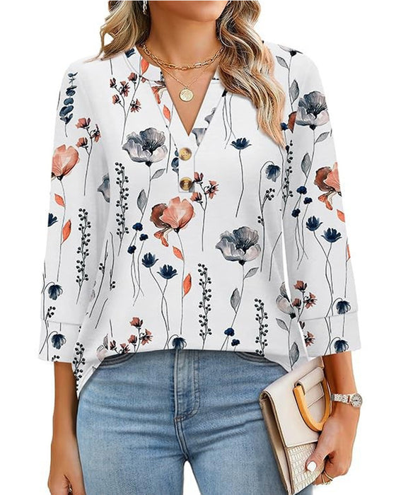 Blouse V-Hals Geknoopt Driekwart Mouw