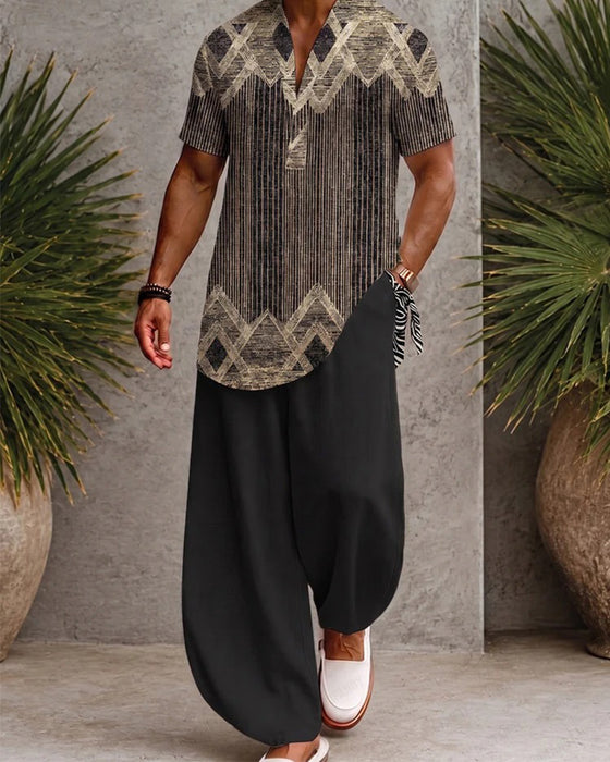 Blouse V-Hals Gestreept Heren Korte Mouw