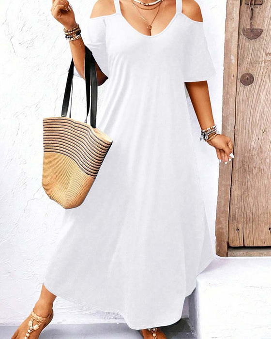 Jurk Effen V-Hals Off-Shoulder Lang