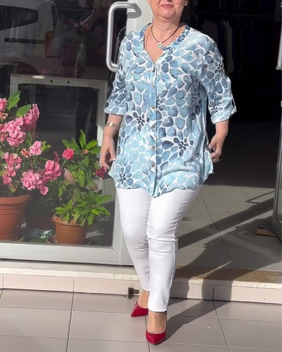 Casual overhemd met V-hals en button-down print