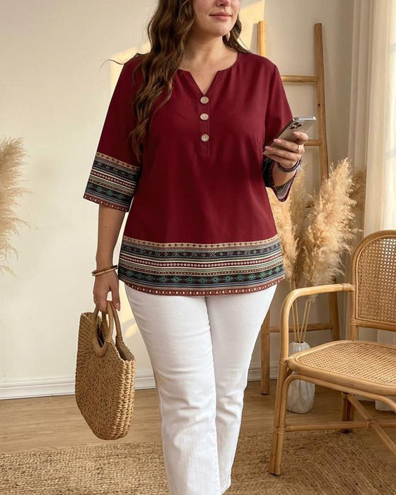 Blouse Etnische Stijl Gestreept Driekwart Mouw