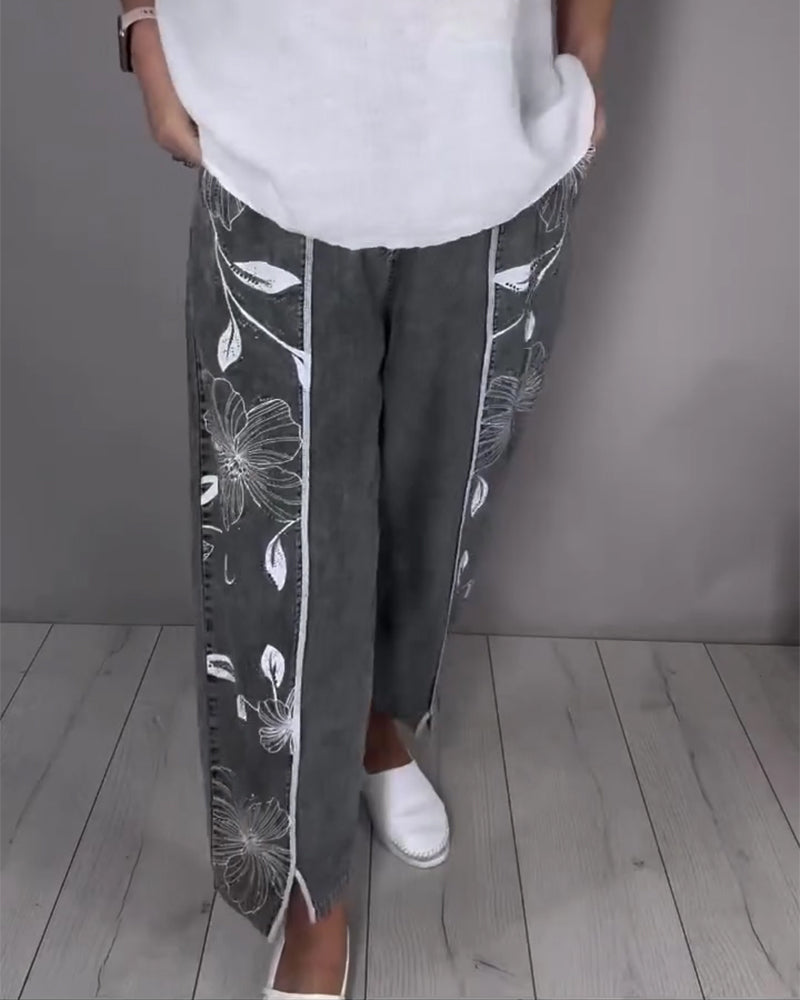 Jeans Bloemenprint Versleten