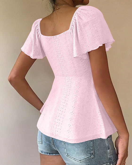 Blouse Doorgebroken Trekkoord Korte Mouw Effen