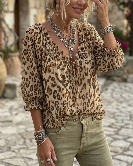 Blouse Luipaardprint V-Hals Pofmouw Vetersluiting